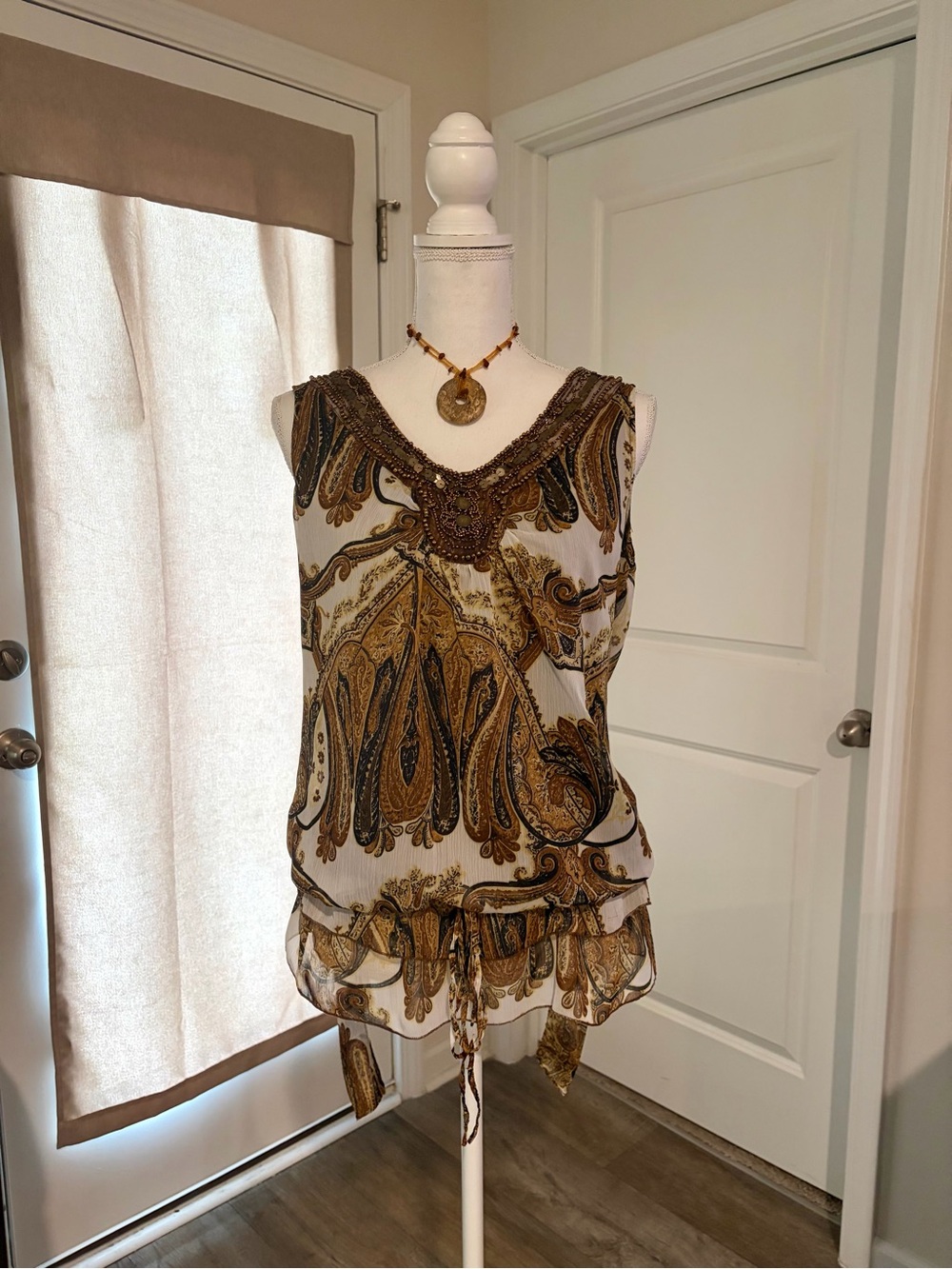 Y2K Brown and Cream Paisley Print Beaded Tank Top Size M Boho Festival